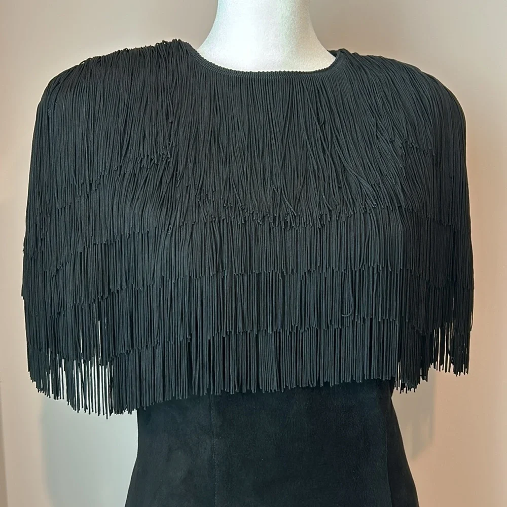 1980's Vintage Pia Rucci Flapper Fringe Suede Sheath Dress Statement Shoulders - Picture 4 of 14